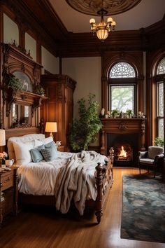 a bedroom with wood paneling and a fireplace in the corner next to a bed