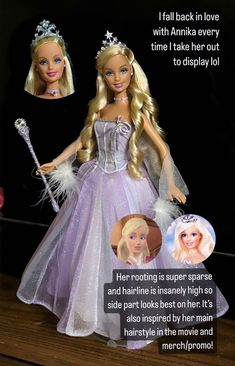 the barbie doll is wearing a purple dress and tiara