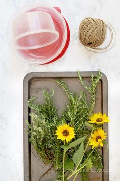 flowers and twine on a tray next to a spool of twined string