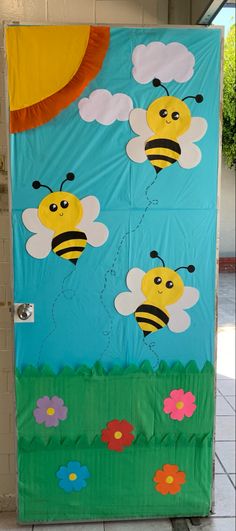 a door decorated with bees and flowers