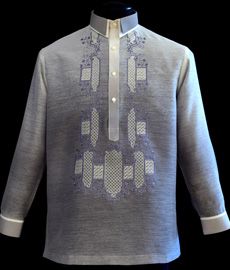 a gray shirt with white designs on it