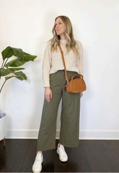 White Sneakers Wide Leg Pants, Olive Culottes Outfit, Wide Leg Pants White Sneakers, Wide Leg Pants Outfit Green, Green Wide Leg Pants Outfit Casual, Green Linen Pants Outfit Fall, Green Wide Trousers Outfit, Olive Green Wide Leg Pants Outfit Work, Wide Leg Sneakers Outfit