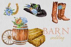 watercolor painting of cowboy hats, boots, and flowers on a white background with the words barn wedding