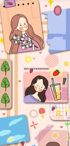 some stickers that are on the side of a wall with flowers and fruit in them