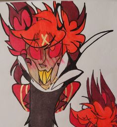 a drawing of a demon with red flowers on it's head and eyes, standing in front of a white background