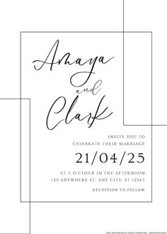 an elegant black and white wedding card with the words anaga and clark on it