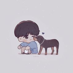 a little boy that is kneeling down with a dog in front of him and kissing his nose