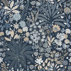 a blue and white floral wallpaper with lots of different flowers on the side of it