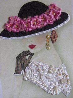 a woman wearing a black hat with pink flowers on it's brimming