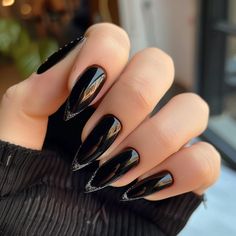 Black On Black Nails French, Black Silver Tip Nails, Black Nails With Silver French Tip, Black Nails Chrome Tips, Black On Black French Tip Nails, Black White Nails Ideas, Black With Neon Nails, Black French Tip Chrome Nails, Black Nails With French Tip