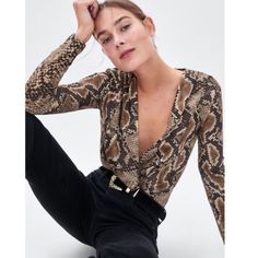 Brand New With Tags Attached Long Sleeve Deep Plunge Snakeskin Print From Pet-Free/Smoke-Free Home First Time Buyer On Poshmark? Use My Code Bungalow64 To Get $10 Off You First Order! B6 Keywords Spinning Gold Disco Queen Miami 70s Animal Print Cheetah Leopard Plunge Sexy Femme Fatale Chic Beige Bodysuit For Fall, Chic Brown Bodysuit For Fall, Brown Bodysuit For Night Out In Fall, Brown Fall Bodysuit For Night Out, Spring Beige V-neck Bodysuit, Beige V-neck Bodysuit For Spring, Trendy Brown Bodysuit For Night Out, Chic Zara V-neck Bodysuit, Zara V-neck Bodysuit For Parties