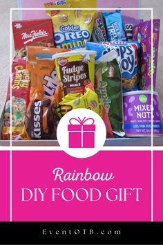 the rainbow diy food gift box is filled with candy and snacks