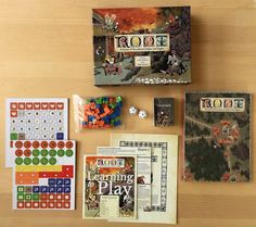 a wooden table topped with lots of toys and games