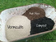 a wheelbarrow filled with dirt and composts labeled in the words pea mass, vermiculite, compost