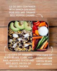 a lunch box filled with rice, beans, carrots, avocado slices and green beans