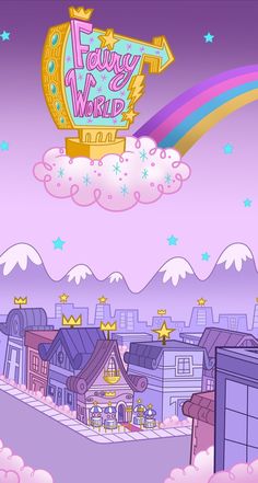 the cartoon is flying in the sky with a rainbow and stars on it's side