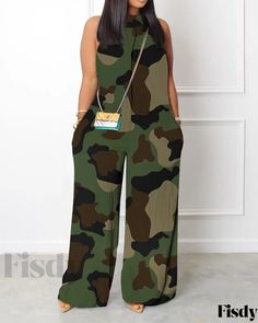 Fisdy - Mono contemporáneo de pata ancha y sin mangas con estampado geométrico Camouflage Jumpsuit, Jumpsuit Fitted, Wardrobe Inspiration, Camouflage Print, Long Sleeve Jumpsuit, Women Plus Size, Ankle Length Pants, Jumpsuit Fashion, Sleeveless Jumpsuits