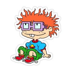 a cartoon character with red hair and glasses sitting on the ground, wearing a blue shirt