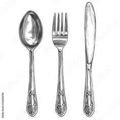 three forks and two spoons with ornate designs on the sides, one is empty