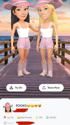 two women in pink shorts and cowboy hats standing on a pier