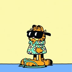 a cartoon cat wearing sunglasses sitting on top of a blue floor next to a yellow wall