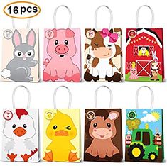 six bags with farm animals and farm animals on them, one is for children's birthday