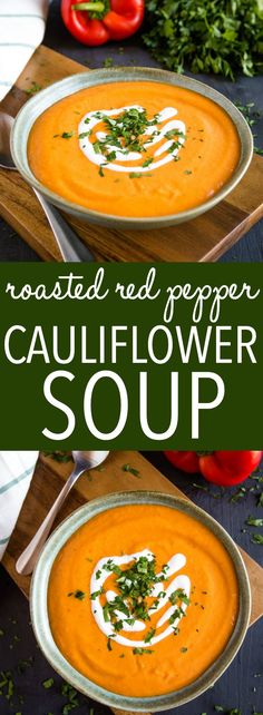 roasted red pepper cauliflower soup in a bowl