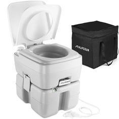 an open toilet with the lid up next to a black cooler bag on a white background