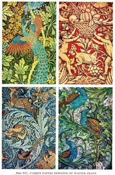 four different colored images of birds and plants