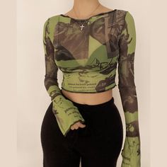 Mesh Top Outfit, Fest Outfits, Casual Day Outfits, Summer Crop Tops, Baggy Pants, Mesh Long Sleeve, Edgy Outfits, Long Sleeve Crop, Looks Style