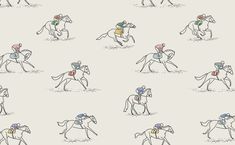 several horses and jockeys are depicted in this hand drawn pattern