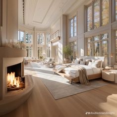 a living room filled with furniture and a fire place in the middle of it's walls