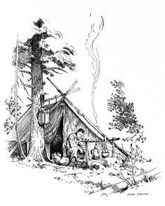 an ink drawing of a man sitting in front of a cabin with a fire coming out of it