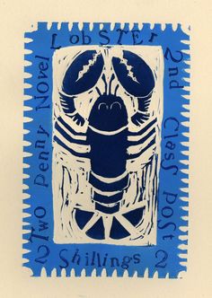 a blue and white stamp with an image of a lobster on it's back