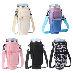 four different colored insulated bottles with straps