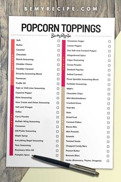 the top ten popcorn toppings list with a pen on it