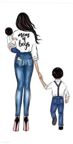 a drawing of a woman holding the hand of a young boy who is wearing suspenders