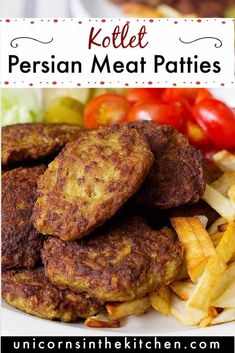 some food is on a white plate with french fries and tomatoes in the background that says kohle persian meat patties