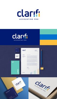 the clarif logo is shown on top of several different stationery items, including letterheads and business cards