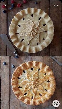 three different pictures of pies on top of each other, one with leaves and the other with berries