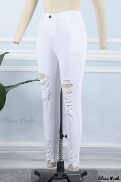 Olivia Mark - Classic White Solid High-Rise Skinny Fit Denim Jeans for Women with Distressed Details White Mid-rise Ripped Jeans, White High Rise Ripped Jeans, White Stretch Ripped Jeans, High Waist Jeans With Holes For Spring, Denim Jeans For Women, White Solid, Jeans For Women, Jeans Online, Ripped Denim