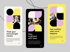 three vertical business cards with images of people working in the background and text that reads, track your work and get results