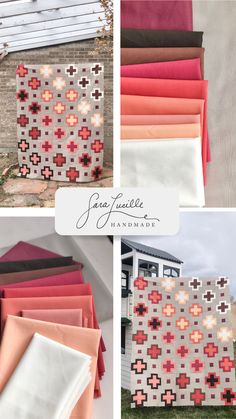 four different pictures of various fabrics and fabric swatches, including one with an assortment of colors