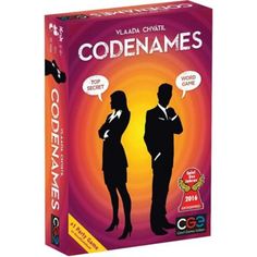 the card game codenames has two people in suits and one is talking to each other