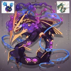 a drawing of a dragon with purple and blue colors on it's body, surrounded by chains