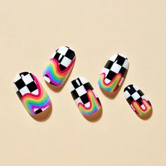 Rainbow Checkerboard, Cartoon Nail Designs, Checkered Nails, Love Pastel, Nails Medium Length, Press On Nails Medium, Cute Simple Nails, Dip Nails, Really Cute Nails