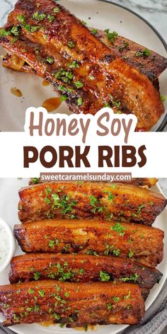 honey soy pork ribs on a plate with ranch dressing