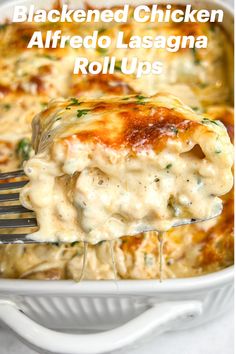 a close up of a fork with lasagna casserole in it and the words blackened chicken alfredo lasagna roll ups