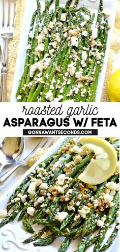 roasted garlic asparagus w / feta on a white plate with lemon wedges