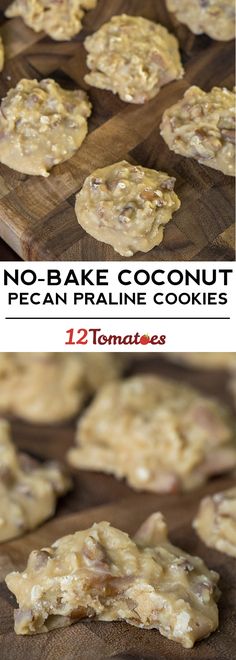 no bake coconut pecanella cookies on a wooden cutting board with text overlay